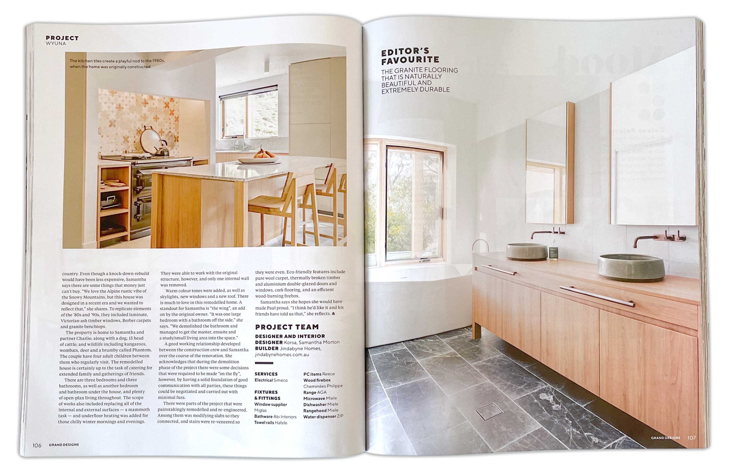 House Wyuna kitchen and bathroom featured in Grand Designs Australia Grand Designs Australia magazine spread featuring the kitchen and bathroom at House Wyuna in Crackenback, NSW, with timber cabinetry, stone surfaces and natural flooring.